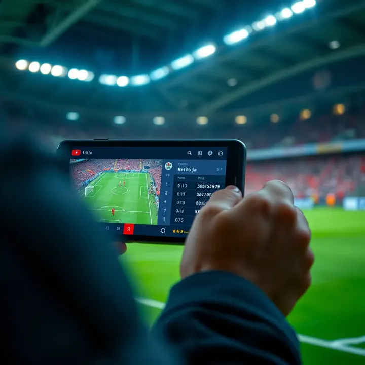 User watching a live soccer match on a mobile device with betting odds displayed