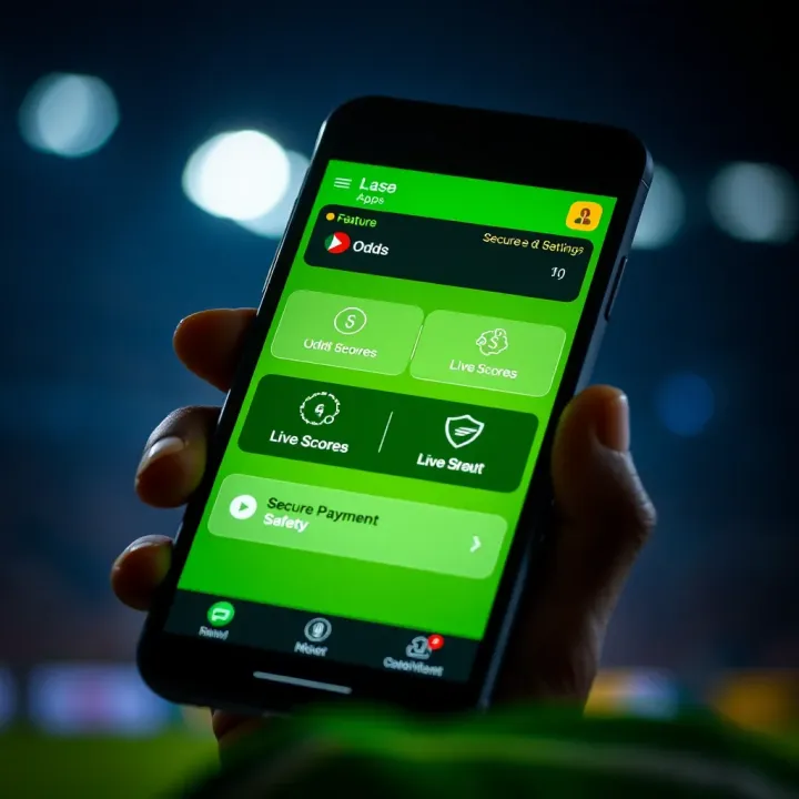 Smartphone displaying a betting app interface with highlighted features such as odds, live scores, and secure payment options