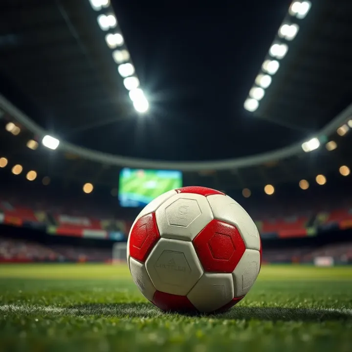 Close-up of a football on the pitch with stadium lights and scoreboard in the background