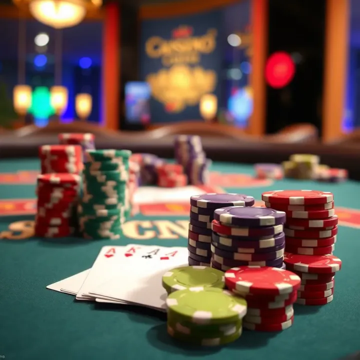 Colorful casino chips and playing cards arranged on a gaming table