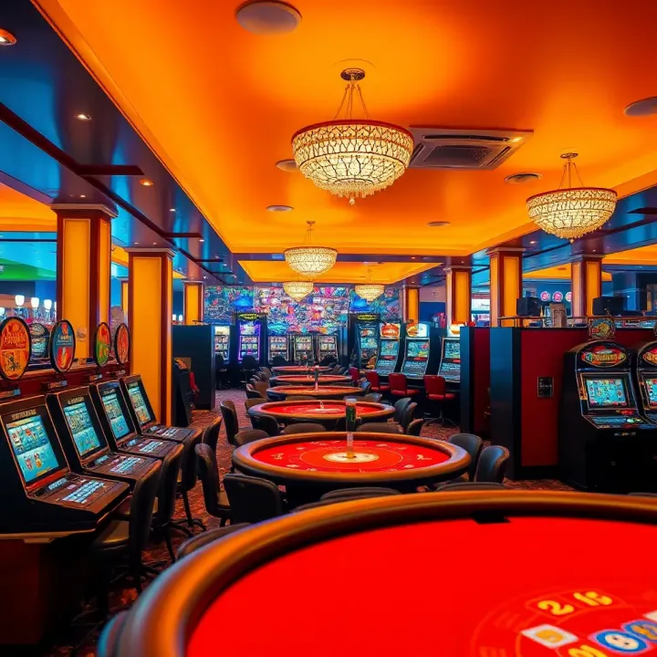 Interior view of a vibrant casino in Lagos with gaming tables and slot machines