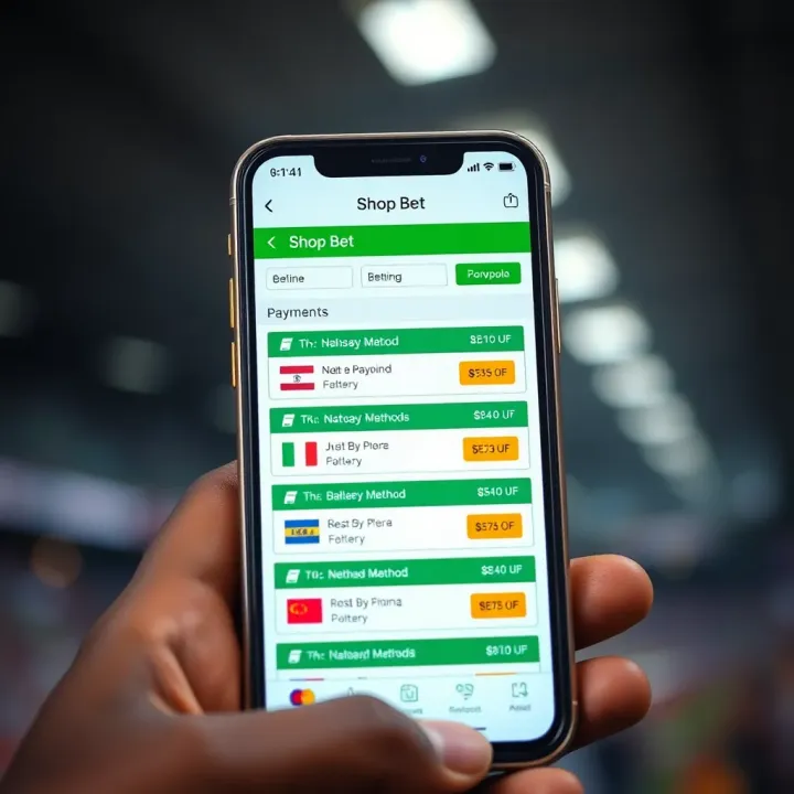 Illustration of a smartphone displaying the Bet9ja Shop Bet interface with visible betting options and payment methods